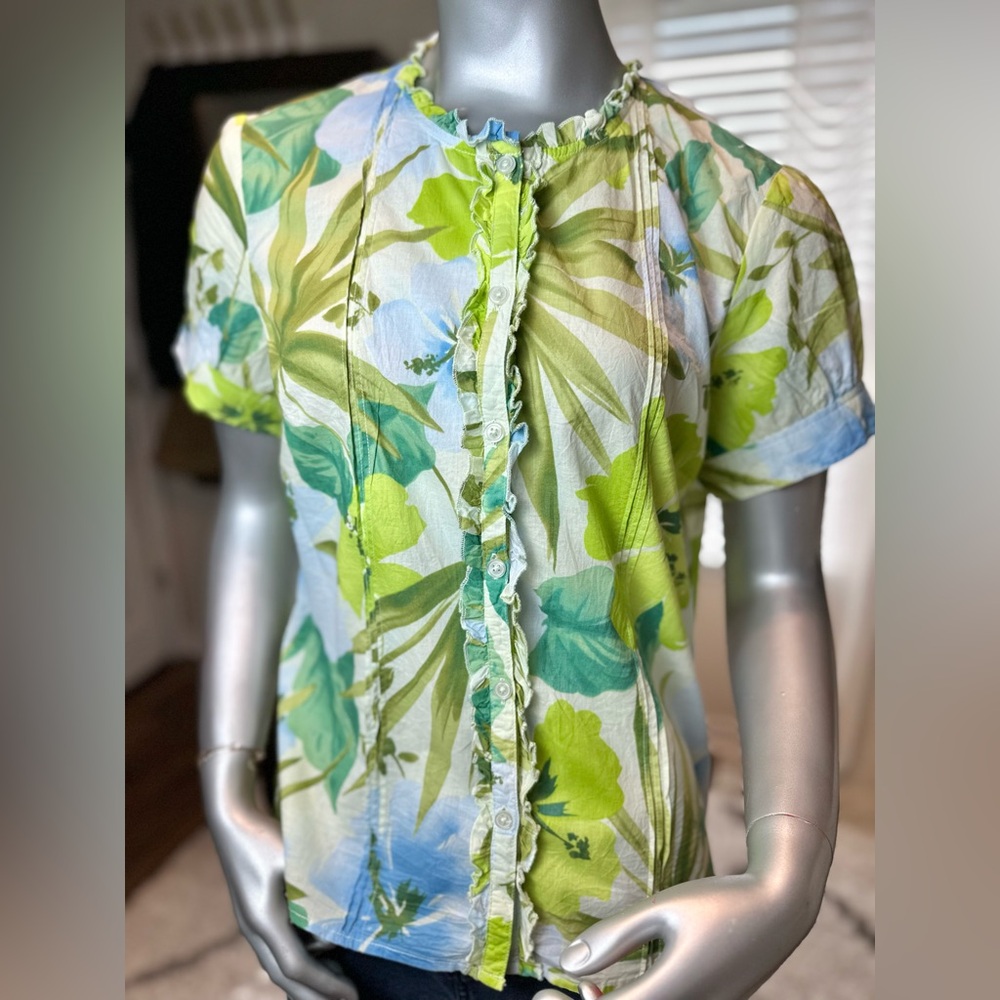 Caribbean Joe Tropical Floral Cotton Button Front Blouse Medium Green Blue